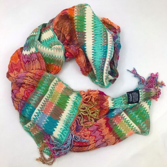 Tolani Multicolored Stripe ZigZag Pattern Ruched Fringe Scarf - Picture 6 of 12